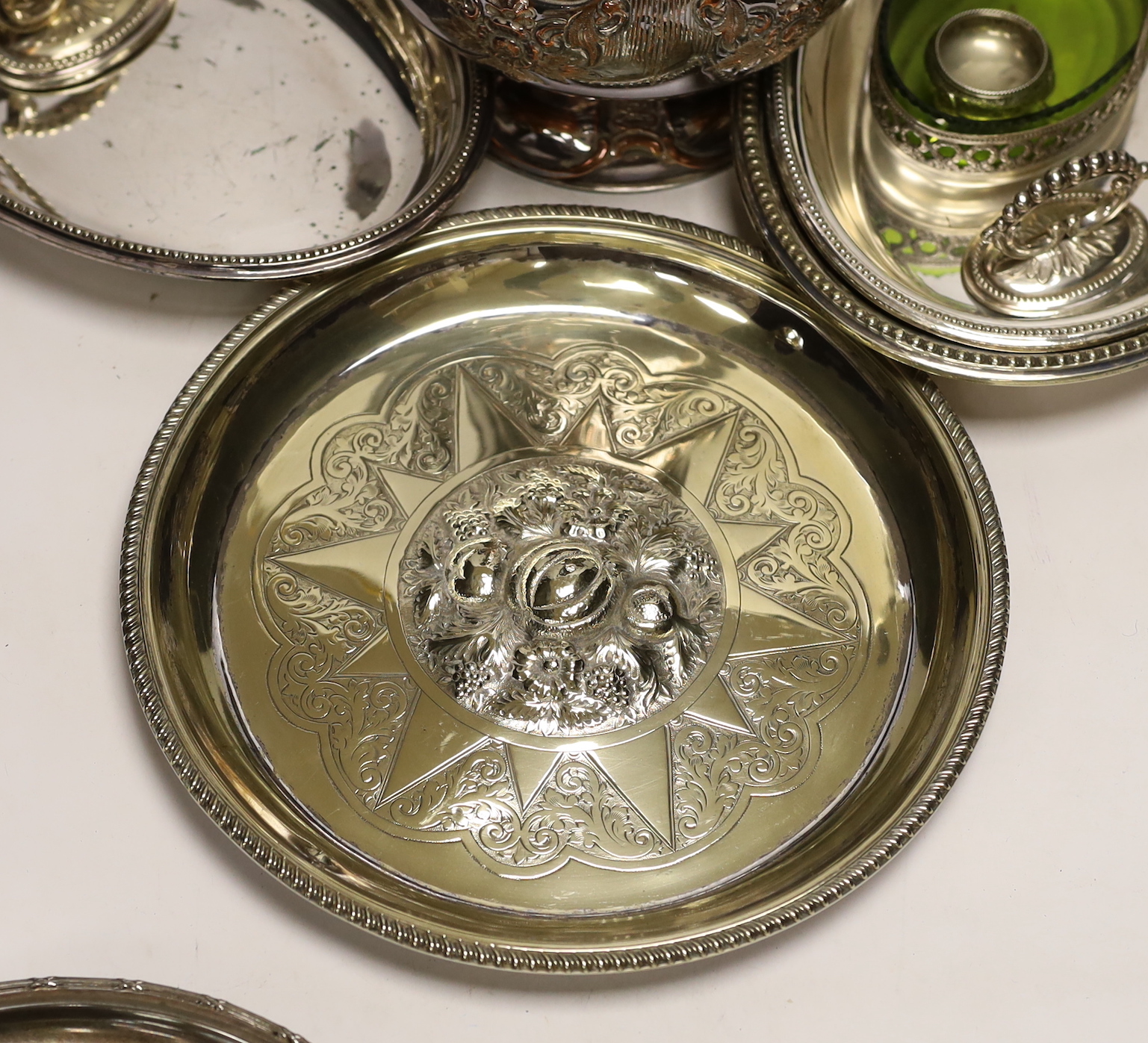 A small silver mustard pot and assorted plated wares including a large copper on electroplate jug, jug 30cm
